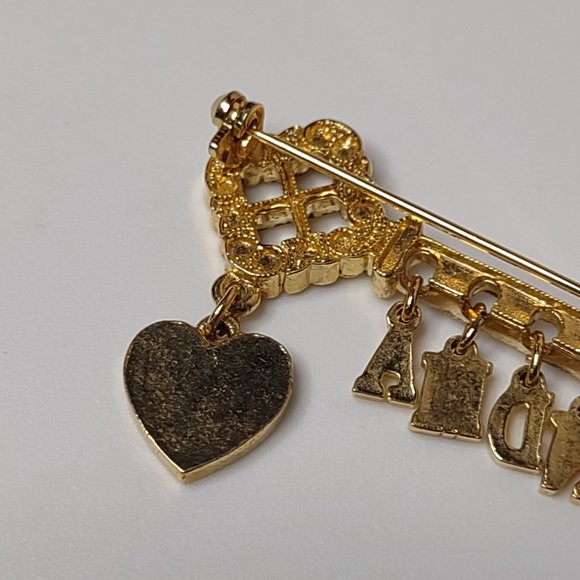 Grandma Key And Heart Vintage Gold Tone Dangle Brooch - Picture 12 of 14